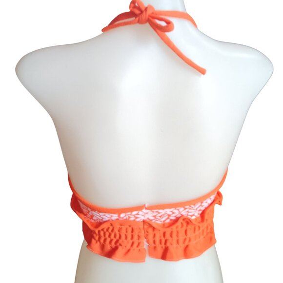 XS Vintage 70's Style Orange Floral Halter Crop Top Ruffle Hem Adjustable Tie - Picture 3 of 8